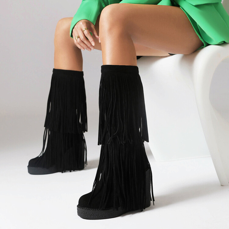 Women's Fringe High Shaft Boots with Low Wedge Heel and Side Zipper
