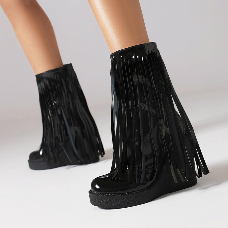 Women's High Shaft Tassel Boots - PU Patent Leather Platform Heel