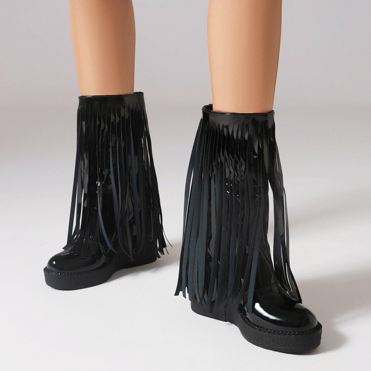 Women's High Shaft Tassel Boots - PU Patent Leather Platform Heel