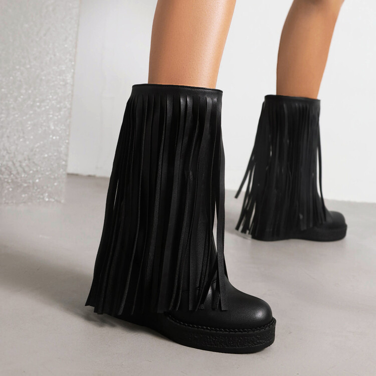 Women's High Shaft Tassel Boots - PU Patent Leather Platform Heel