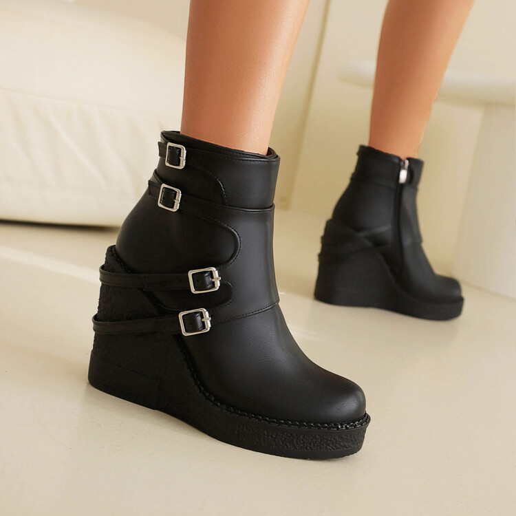 Women's Fashion Mid-Calf Platform Wedge Boots with Metal Decoration
