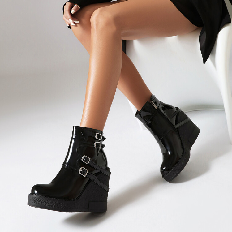 Women's Fashion Mid-Calf Platform Wedge Boots with Metal Decoration
