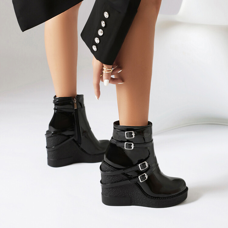 Women's Fashion Mid-Calf Platform Wedge Boots with Metal Decoration