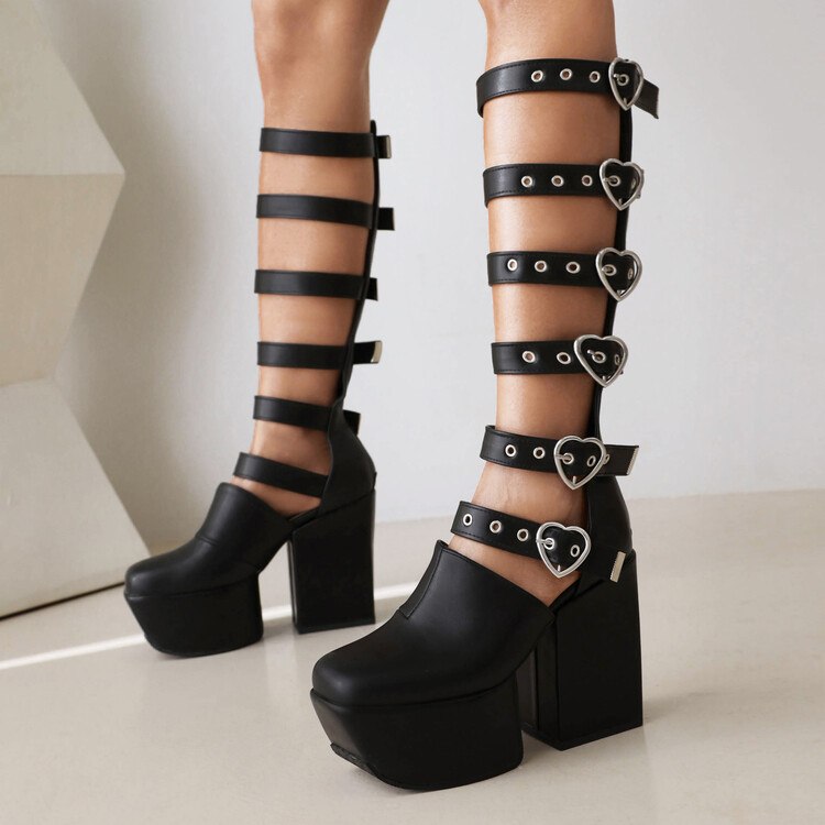 Women's High Shaft Square Toe Chunky Heel Platform Boots with Metal and Rivet Details