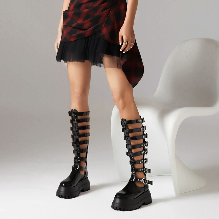 Women's High Heel Platform Square Toe Ankle Boots with Metal Rivet Detail
