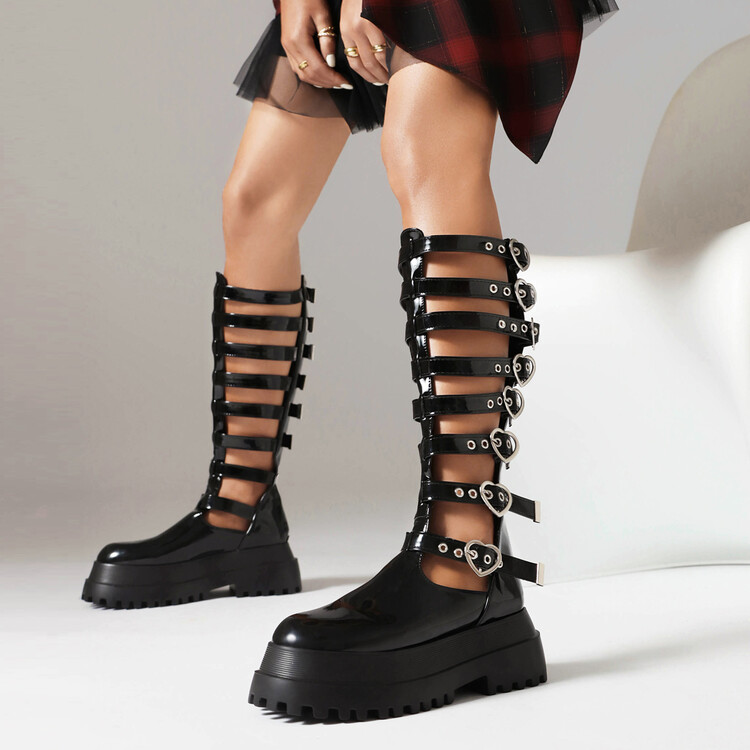 Women's High Heel Platform Square Toe Ankle Boots with Metal Rivet Detail