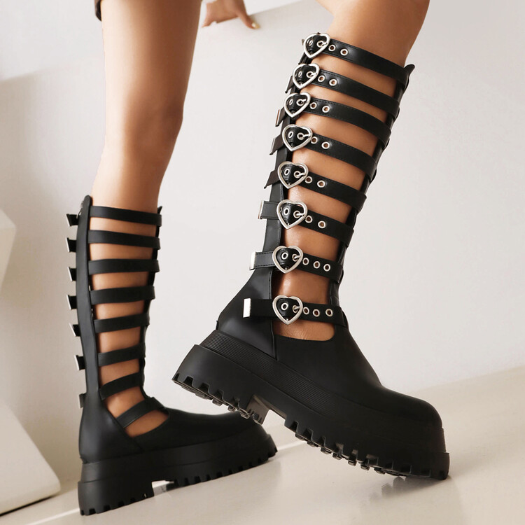 Women's High Heel Platform Square Toe Ankle Boots with Metal Rivet Detail
