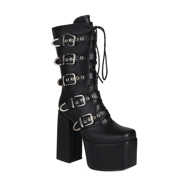 Women's Square Toe Chunky High Heel Patent PU Tall Fashion Boots with Side Zip