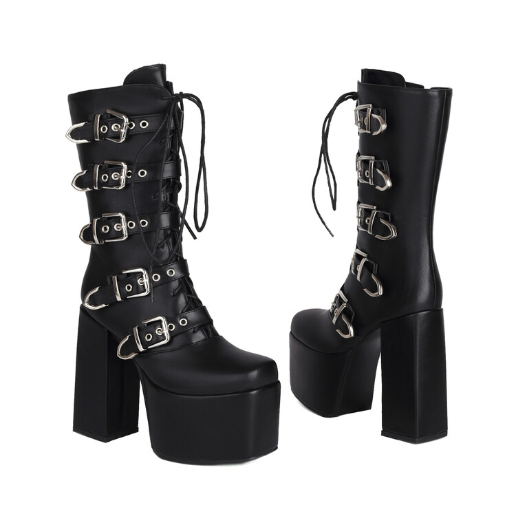 Women's Square Toe Chunky High Heel Patent PU Tall Fashion Boots with Side Zip