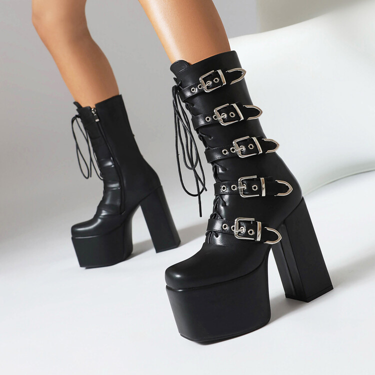 Women's Square Toe Chunky High Heel Patent PU Tall Fashion Boots with Side Zip