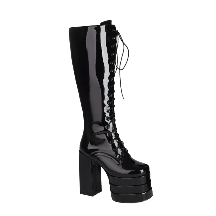 Women's High Shaft Square Toe Lace-Up Chunky Heel Fashion Boots