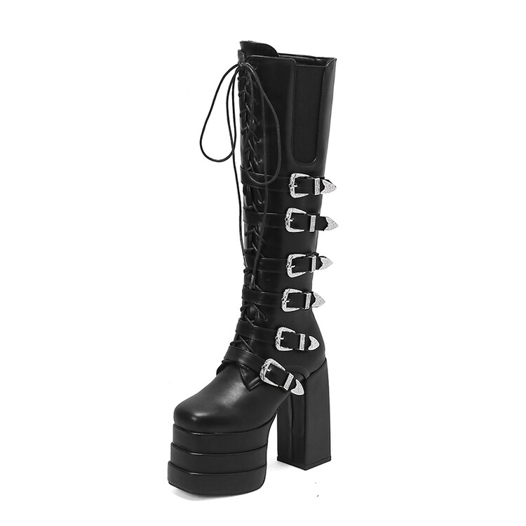 Women's High Shaft Square Toe Chunky Heel Lace-Up Fashion Boots - Style s.html