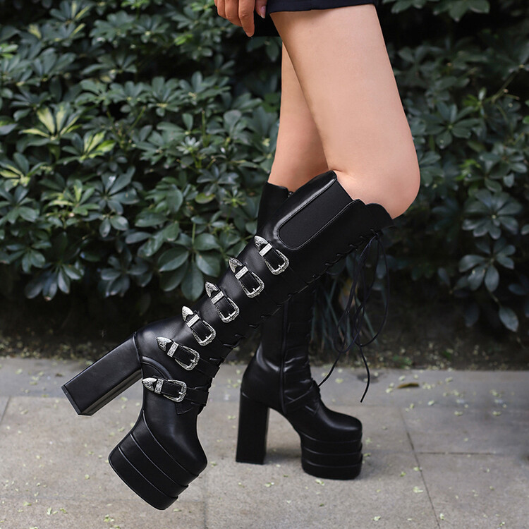 Women's High Shaft Square Toe Chunky Heel Lace-Up Fashion Boots - Style s.html