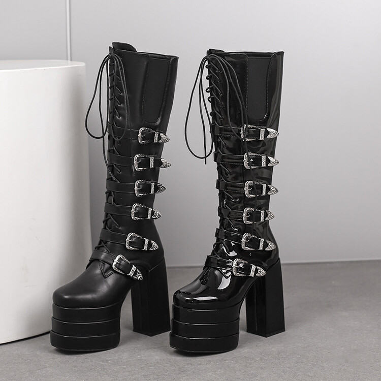 Women's High Shaft Square Toe Chunky Heel Lace-Up Fashion Boots - Style s.html