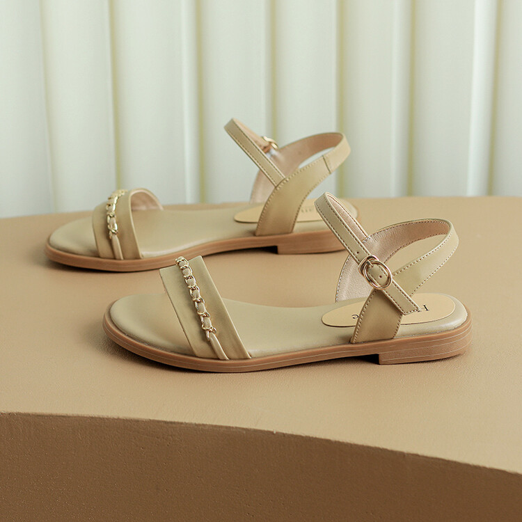 Sweet Low-Top Flat Sandals with Buckle Strap and Metal Accents