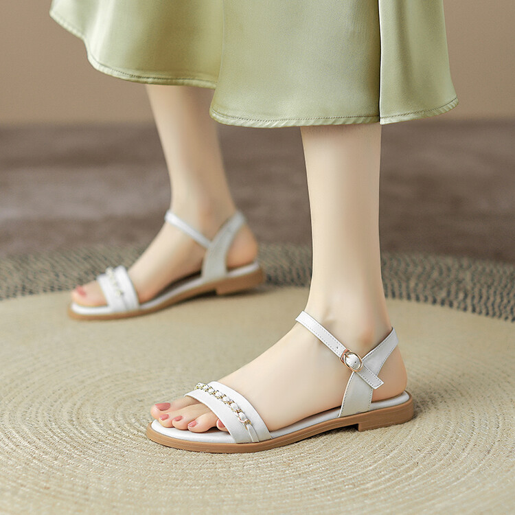 Sweet Low-Top Flat Sandals with Buckle Strap and Metal Accents