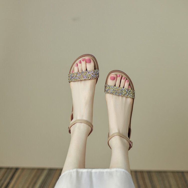 Sweet Low-Top Rhinestone Flat Sandals with Buckle Strap