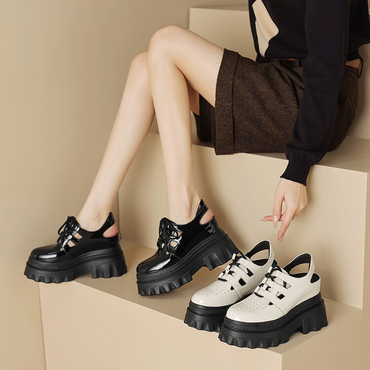 Women's Platform Sandals with Patent Leather Upper and Round Toe