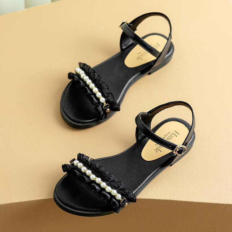 Women's Sweet Flat Sandals with Pearl and Metal Accents
