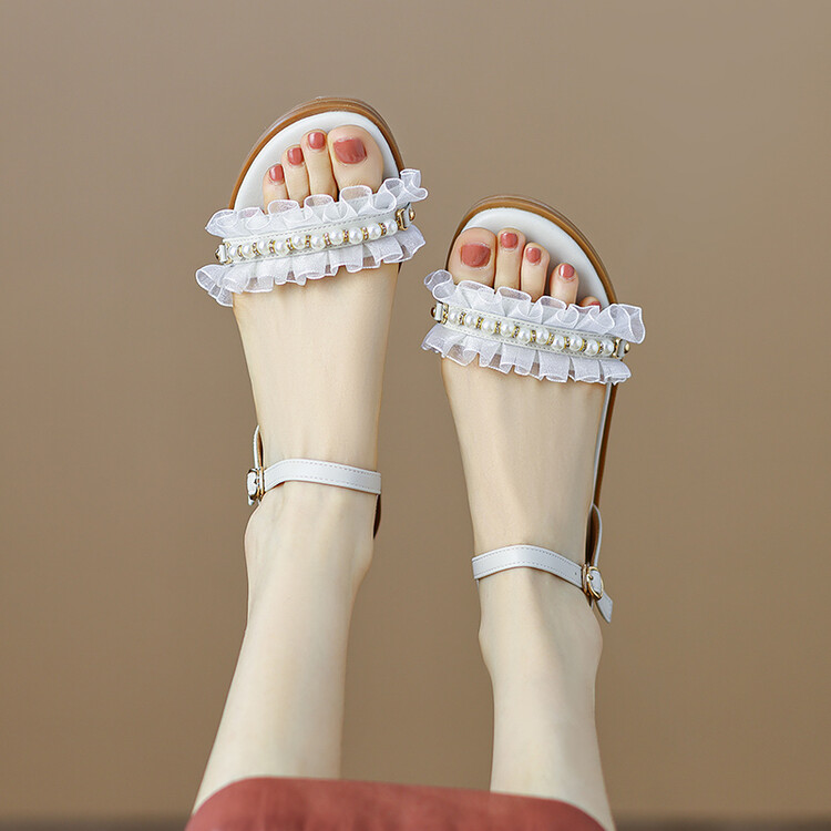 Women's Sweet Flat Sandals with Pearl and Metal Accents