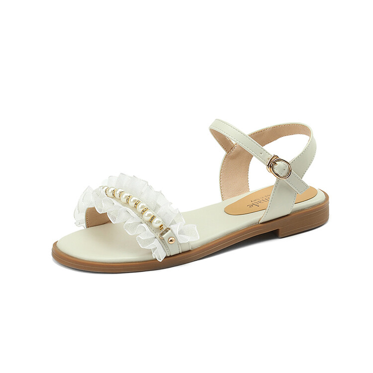 Women's Sweet Flat Sandals with Pearl and Metal Accents